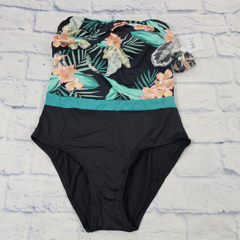 SKYE One Piece Swimsuit Women S Lily Black Floral Tropical Convertible Bandeau